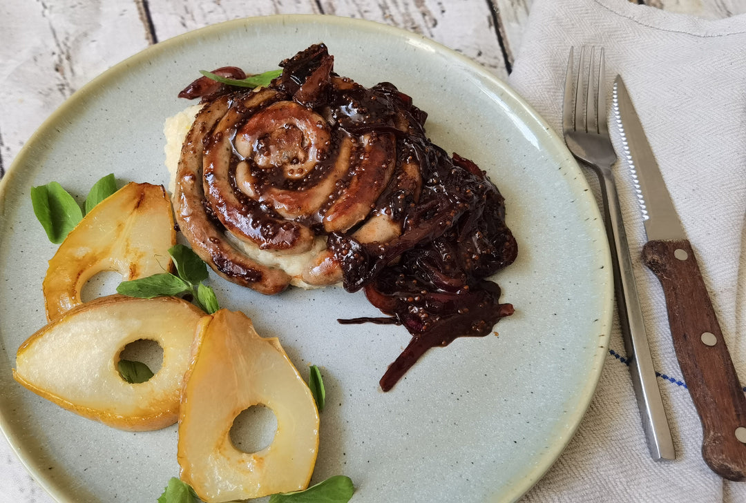 Honey & Mustard Sausages, Celeriac Mash, Roasted Pear, Caramelised Onions